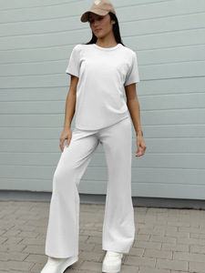 Conjunto de 2 Piezas para Mujer, Cómodo, Color Sólido, <span class=keywords><strong>Top</strong></span> de Manga Corta Suave y Pantalones Acampanados con Cintura Elástica para el Hogar, Venta al Por Mayor - Product Image 4