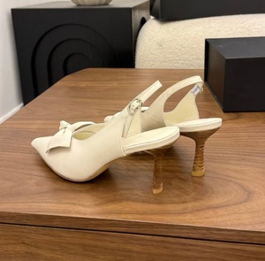 New summer French pointed-toe bow-back sandals. Wood-grain thin heel front <b>strap</b> elegant high-heeled shoes with a feminine style - Product Image 3
