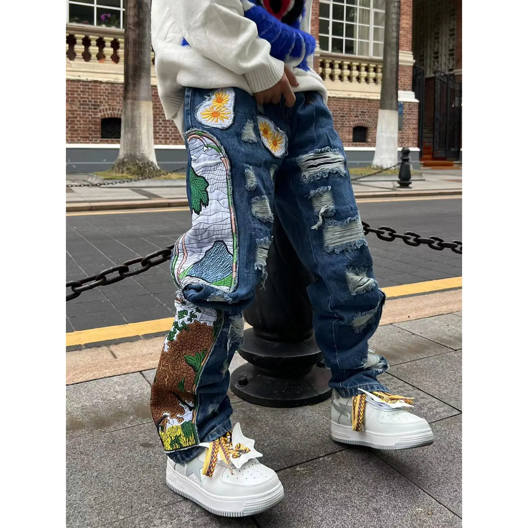 OEM Custom Heavy Craft Fashion Hip Hop Pants pantaloni Casual Unisex Applique ricamo uomo Jeans a gamba dritta