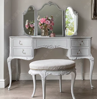 Coiffeuse en bois massif sculpté de style provincial français avec miroir et tiroirs, ensemble de coiffeuse blanche avec tabouret pour chambre à coucher