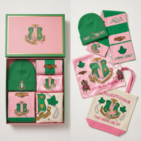 Ensembles de foulards à franges personnalisés en gros, rose saumon et vert, avec lettres grecques, pour souvenir de sororité universitaire, coffret cadeau