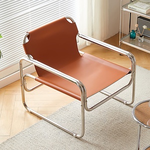 Fauteuil Bauhaus au design moderne et épuré, fauteuil de salon en cuir pleine fleur et acier inoxydable, fauteuil inclinable individuel pour la maison - Product Image 6