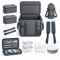Grand sac isotherme portable en polyester gris pour pique-nique, avec boîtes à lunch, étui à couverts et porte-bouteille pour le camping en famille