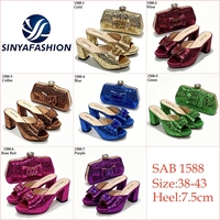 Chaussures de mariage africaines et pochette assortie pour femme, mules à bout ouvert avec nœud en strass, talon carré, plateforme, pantoufles de soirée