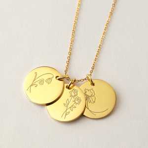 Collier avec pendentif en forme <span class=keywords><strong>de</strong></span> pièce <span class=keywords><strong>de</strong></span> monnaie en acier inoxydable, bijoux en or 14 carats, vente en gros, collier personnalisé d'<span class=keywords><strong>amitié</strong></span>, gravure au laser, <span class=keywords><strong>fleur</strong></span> <span class=keywords><strong>de</strong></span> naissance, <span class=keywords><strong>fleur</strong></span> sauvage - Product Image 2