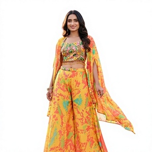 Salwar Kameez con estampado floral amarillo, top corto bordado y dupatta para mujer, ropa de fiesta, estilo indio-pakistaní de verano. - Product Image 1