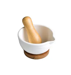 2024 Mortar and Pestle Set Porcelain Spice Herb Grinder Pill Crusher with Non-Slip Detachable Wood Base