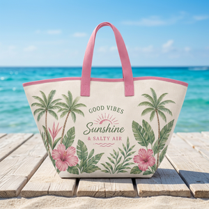 Sac fourre-tout en coton premium avec imprimé floral tropical palmiers et hibiscus |   Sac réutilisable pour la plage, les vacances et le quotidien - Product Image 1