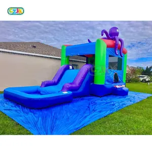 Octopus-castillo inflable para saltar para niños, casa de rebote con tobogán en seco y húmedo y PULVERIZADOR DE AGUA