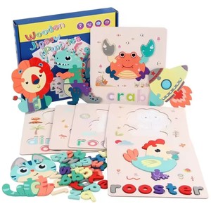 Puzzle 3D in Legno per Bambini con <span class=keywords><strong>Alfabeto</strong></span> e Animali Cartoon, Gioco Educativo di Abbinamento e Ortografia - Product Image 1