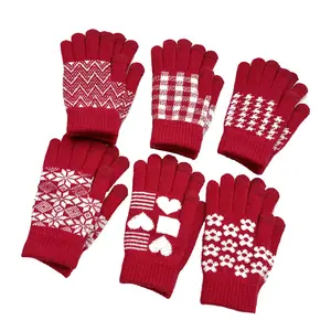 Customized Unisex Women Girls Soft Jacquard Pattern Cell Phone Tablet Touch Screen Glove Acrylic Knit Winter Warmly Red Glove