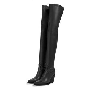 Bottes en cuir véritable populaires automne-hiver 2021, bout pointu, bottes sexy à hauteur de cuisse pour femmes, talon carré haut, taille plus 46 - Product Image 6