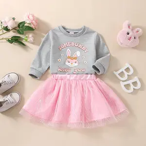 Green Horizon Autumn 1 to 5 Years Old Girl Baby Cartoon Rabbit Printed Cotton Hoodie + Pink TUTU Skirt Two-Piece Set