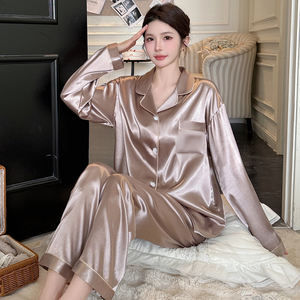 ชุดนอนผ้าไหมน้ำแข็งสีพื้นสำหรับผู้หญิง แขนยาว สไตล์ใหม่ แฟชั่นฤดูใบไม้ผลิและฤดูใบไม้ร่วง ชุดลำลอง - Product Image 3