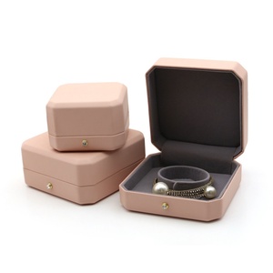 Wholesale Custom Nude Pink Octagon Jewelry <b>Box</b> Pu Leather Jewelry with Snap Button for Ring Double Ring Necklace - Product Image 4