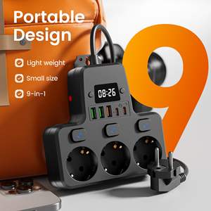Enchufe Múltiple Europeo 9 en 1 con Reloj, 3 Tomas de CA, 5 Puertos USB, Cable Corto/Largo, Extensor de Enchufe con Protección Contra Sobrecargas - Product Image 3