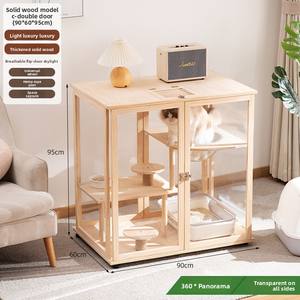 Saf Masif Ahşap Boyasız ve Akrilik Kedi Villası Kedi Yuvası Tırmanma Rafı Entegre Nefes Alabilen Büyük İç Mekan Kedi Evi Kafesi - Product Image 5