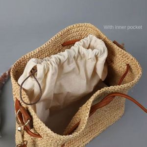 Sac seau en paille raphia pour femme, printemps-été, avec cordon de serrage réglable, sac à bandoulière pour la plage - Product Image 3
