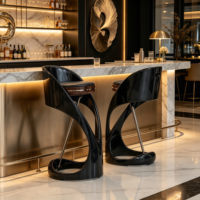 Tabouret de bar moderne de luxe en fibre de verre avec dossier, chaise de bar à hauteur fixe et finition brillante pour la maison, la cuisine ou l'îlot de bar