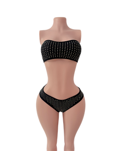 Conjunto de Bikini Rojo y Negro con Pedrería, Top sin Tirantes y Braguitas, Ropa de Baile Exótica para Adultos, Spandex y Poliéster, Atuendo de Stripper - Product Image 3