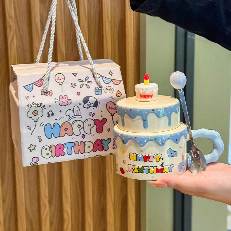 Couvercle de tasse bleu, cuillère, coffret cadeau portable