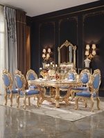 Ensemble de table et de chaises à manger en bois massif sculpté de style européen, couleur champagne doré, rectangulaire, mobilier haut de gamme pour la maison, modèle OSCT9966