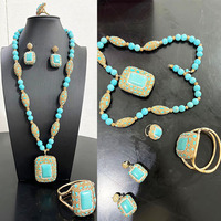 Parure de bijoux en alliage plaqué or, style africain, avec colliers superposés en turquoise de qualité, zircon, pierres Feroza Kundan naturelles indiennes, style bohème