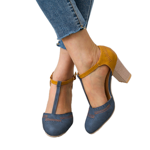 Nouvelles sandales d'extérieur rétro pour femme, à talon épais et haut, avec boucle en T et blocs de couleur, collection Hiver/Printemps/Été, en PU H560 - Product Image 1