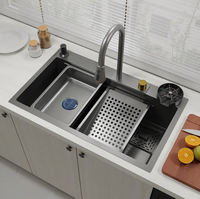 Évier de cuisine en acier inoxydable avec deux bacs et sortie d'eau en cascade