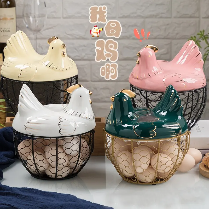 Lovely style with cover chicken storage basket iron decorative egg storage box portable kitchen portable modeling