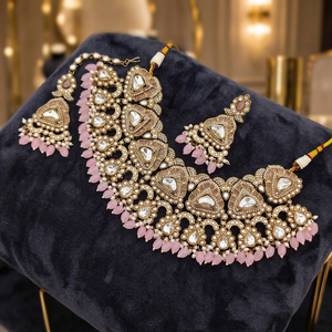 Conjunto de Collar Choker Kundan Chapado en Oro Antiguo Tradicional Indio con Cuentas de Piedras Preciosas Color Lavanda Púrpura, Conjunto de Joyería Nupcial con Pendientes - Product Image 3