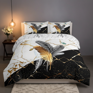 Parure <span class=keywords><strong>de</strong></span> lit 3 pièces moderne en polyester imprimé motif marbre et plumes, 300 fils, résistante à la décoloration, housse <span class=keywords><strong>de</strong></span> <span class=keywords><strong>couette</strong></span> et taies d'oreiller - Product Image 5
