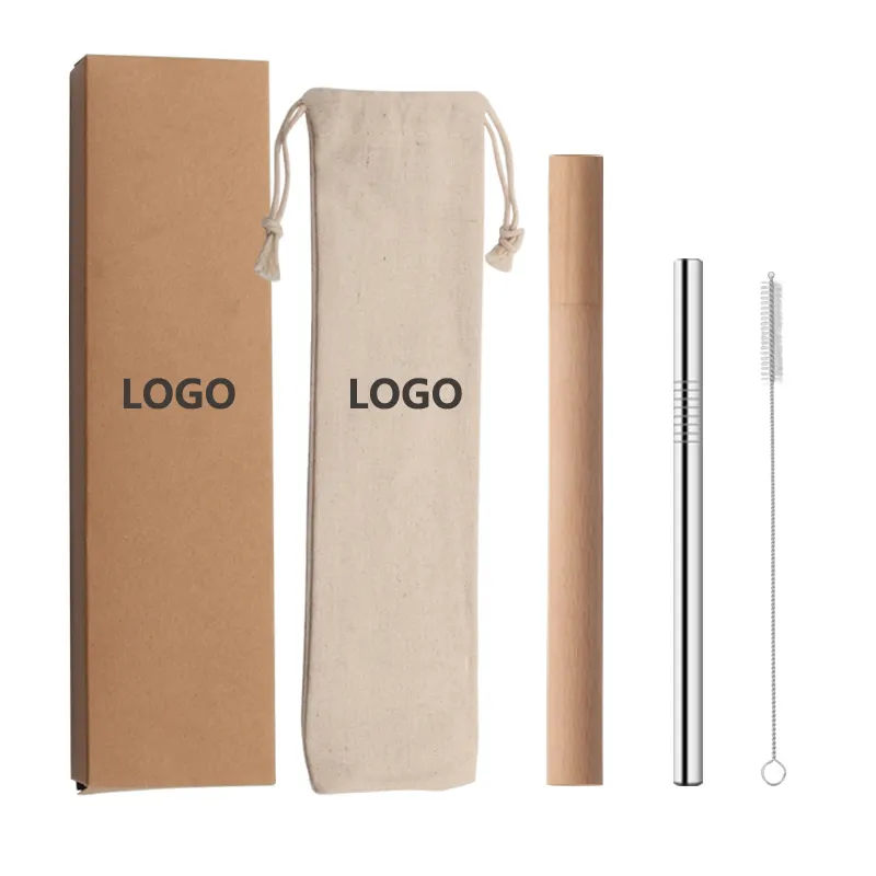 Personalizza il logo Kraft carta della scatola di caso in acciaio inox bere riutilizzabile paglia con cassa di legno con logo