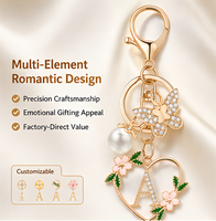 Porte-clés personnalisé avec initiale, breloque cœur, papillon, perle, cristal, diamant, or, cadeau pour femmes et filles, anniversaire