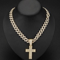 NOUVEAU Collier chaîne Miami glacée de 15 mm de largeur avec pendentif double croix en alliage hip-hop et strass