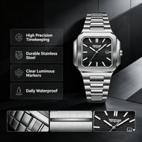 Montre à quartz carrée de luxe pour homme, étanche 30M, bracelet en acier inoxydable, aiguilles lumineuses, calendrier, date, Reloj Hombre