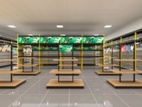 Étagère de supermarché double face robuste en bois et métal sur mesure, présentoir de magasin 3D autoportant pour l'aménagement commercial