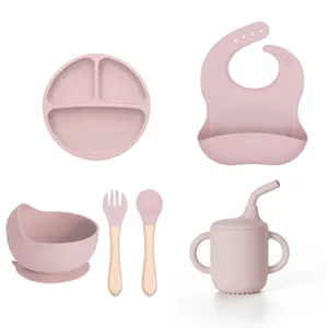 BPA Free Silicone Tollder Food Set Baby Plate Bowl Spoon Fork Bib Baby Cup With Straw Baby Silicone Feeding Set