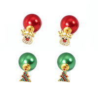 Boucles d'oreilles clous délicates en forme de sapin de Noël avec zircon cubique, en acier inoxydable, perle verte, double face, cadeau de Noël pour elle