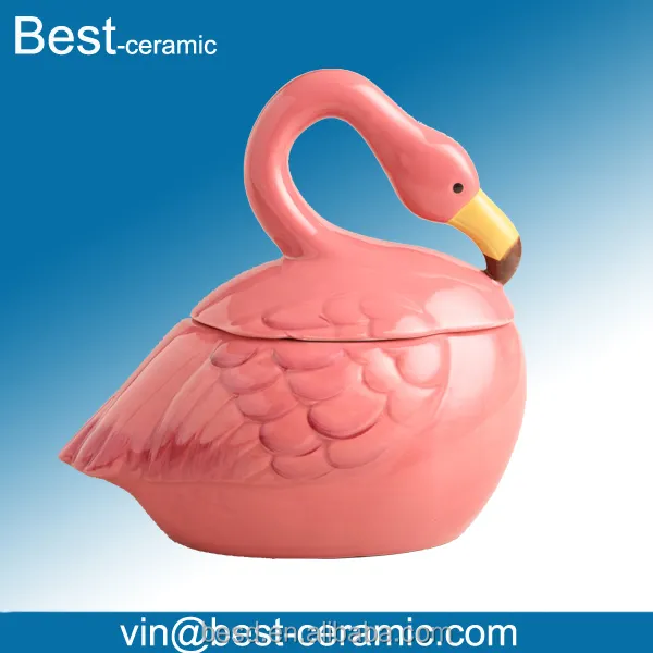 Pintado a mano rosa flamingo forma novedad decorativa animal de cerámica almacenamiento tarros de galletas.