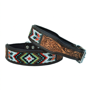 Collier pour chien en cuir véritable fait main avec motif géométrique perlé, design tribal, fermeture à boucle réglable, utilisable toute l'année - Product Image 1