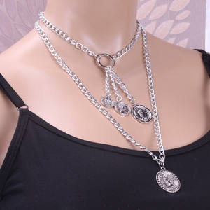 Collier Multicouche Géométrique avec Pendentif Pièce de Monnaie, Style Européen et Américain, pour Femme, Idéal Soirée, Or, Argent, Zinc - Product Image 3