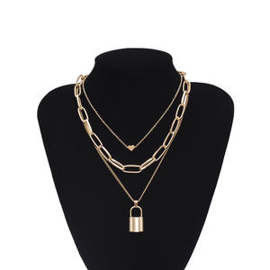 Collar de oro de varias capas con colgante de candado y dije de corazón para mujer, diseño geométrico, cadena para clavícula, para uso diario. - Product Image 1
