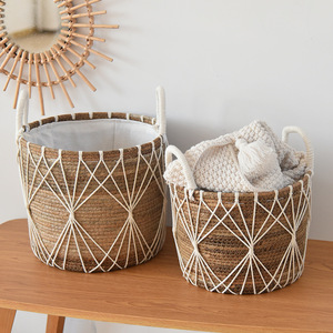 Wicker Laundry <b>Basket</b> Round Cotton Lining Stackable Storage <b>Basket</b> For Home Use - Product Image 3