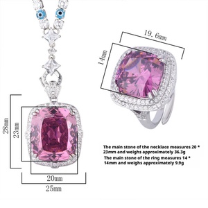 High Quality Gold Dainty Eco-friendly Copper Necklace Rings 20*23mm Square <b>Pink</b> Blue Cubic Zirconia Wedding Jewelry Set Women - Product Image 6