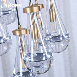 Lampadario Rotondo RHOEM RH con Gocce di Vetro Soffiato a Mano, Copertura in Ottone Massiccio, Certificato UL 110V - Product Image 4