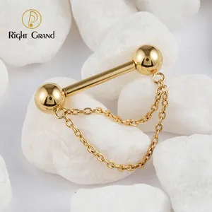 Right Grand ASTM F136 Titanium Threadless Push Pin Nipple Shield Ring With Double Chain Dangle 14G Barbell Piercing Jewelry