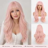 Perruque synthétique ondulée rose pastel longue, résistante à la chaleur, avec frange et bonnet ajustable, effet naturel, directement de l'usine