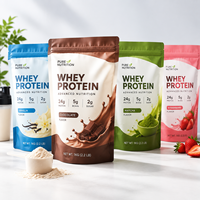 Sachets de protéines de lactosérum personnalisés, pochettes verticales imprimées avec trou de suspension, emballage refermable pour poudre de récupération et mélange de boissons nutritionnelles pour le sport