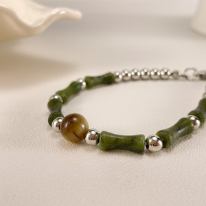 Joyería de Moda Unisex con Cuentas de Jade Natural del Sur, Bambú y Ojo de Tigre, Estilo Étnico, Cadena de Acero Inoxidable, para Aniversario - Product Image 4